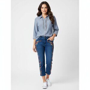 ADDITIONS By CHICO'S Sz 1/M Gray beaded Front Button Down Shirt Top 100% Cotton